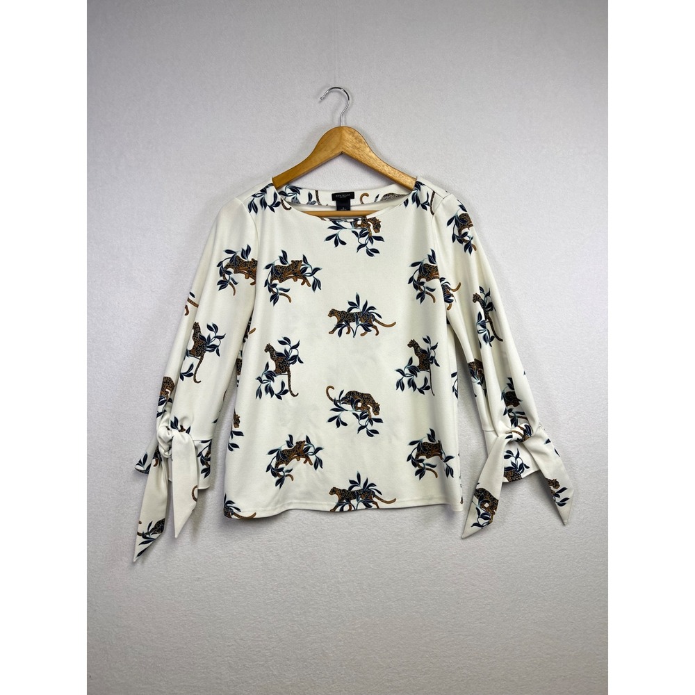 Ann Taylor Factory Womens Cheetah Print Tie Sleeve Long Sleeve Blouse Top Size S